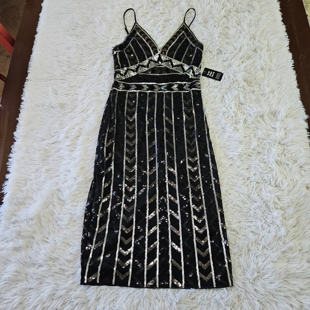 Express Womens Black Silver Sequin Geometric Art Deco Midi Dress XS New 15342133